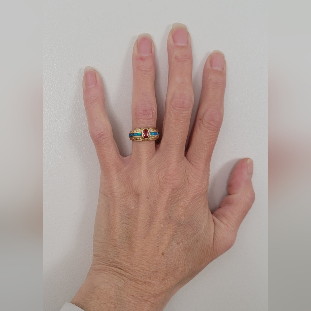 FINAL PRICE BEAUTIFUL 14K Yellow Gold Padparadscha Sapphire & Inlaid Opal Ring - Picture 6 of 7